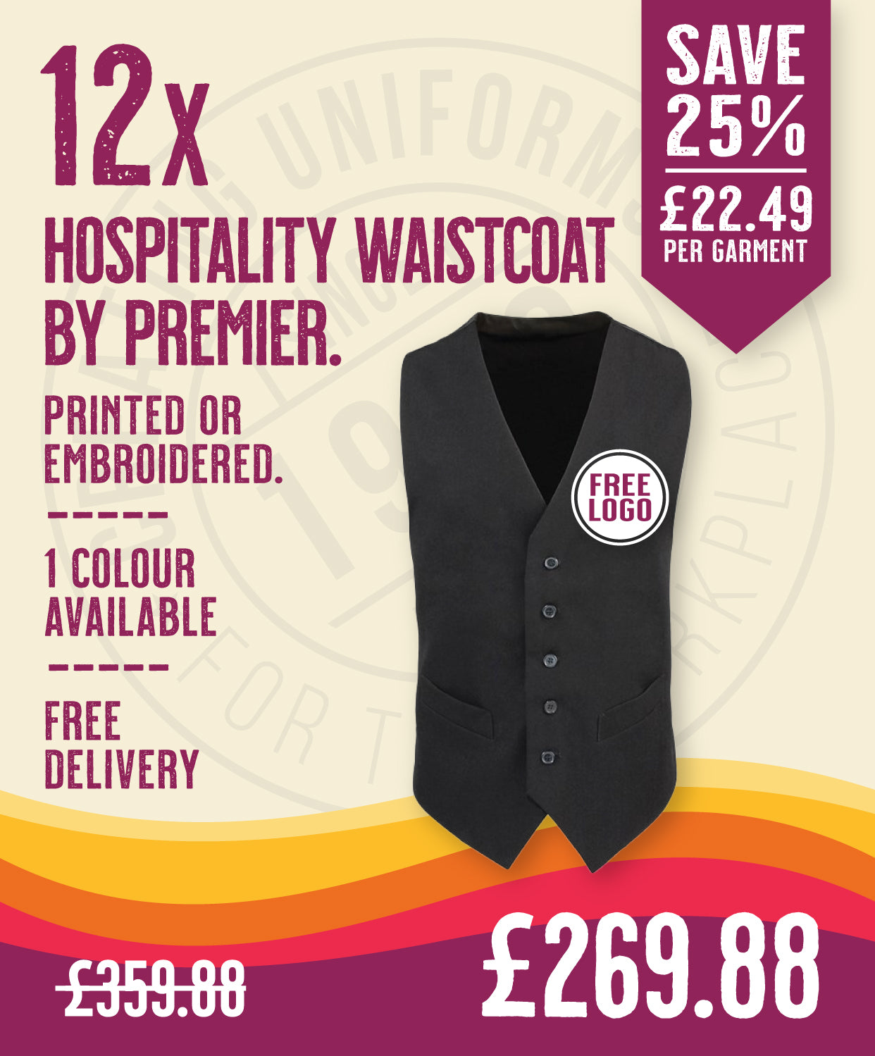 12 x Hospitality Waistcoat by Premier in Black by Print Lab Deals — Custom branded clothing by Print Press, featuring premium embroidery produced in our specialist print lab in the UK.