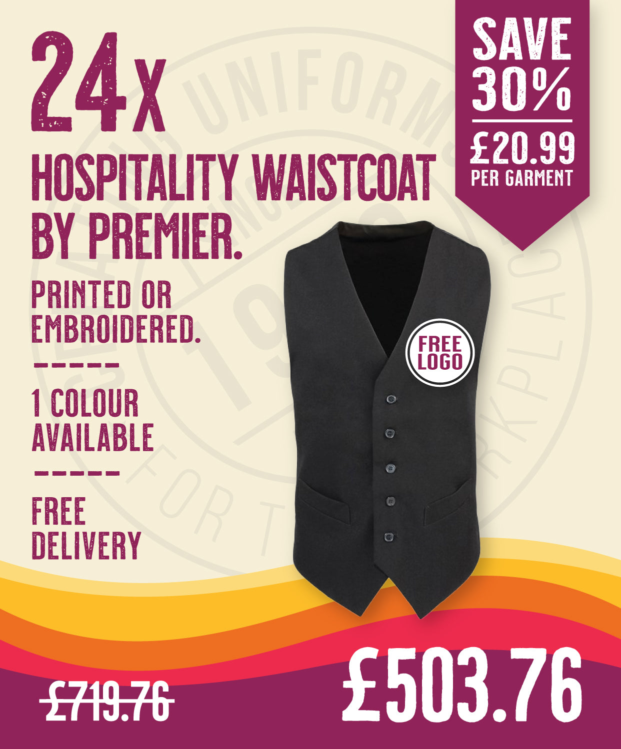 24 x Hospitality Waistcoat by Premier in Black by Print Lab Deals — Custom branded clothing by Print Press, featuring premium embroidery produced in our specialist print lab in the UK.