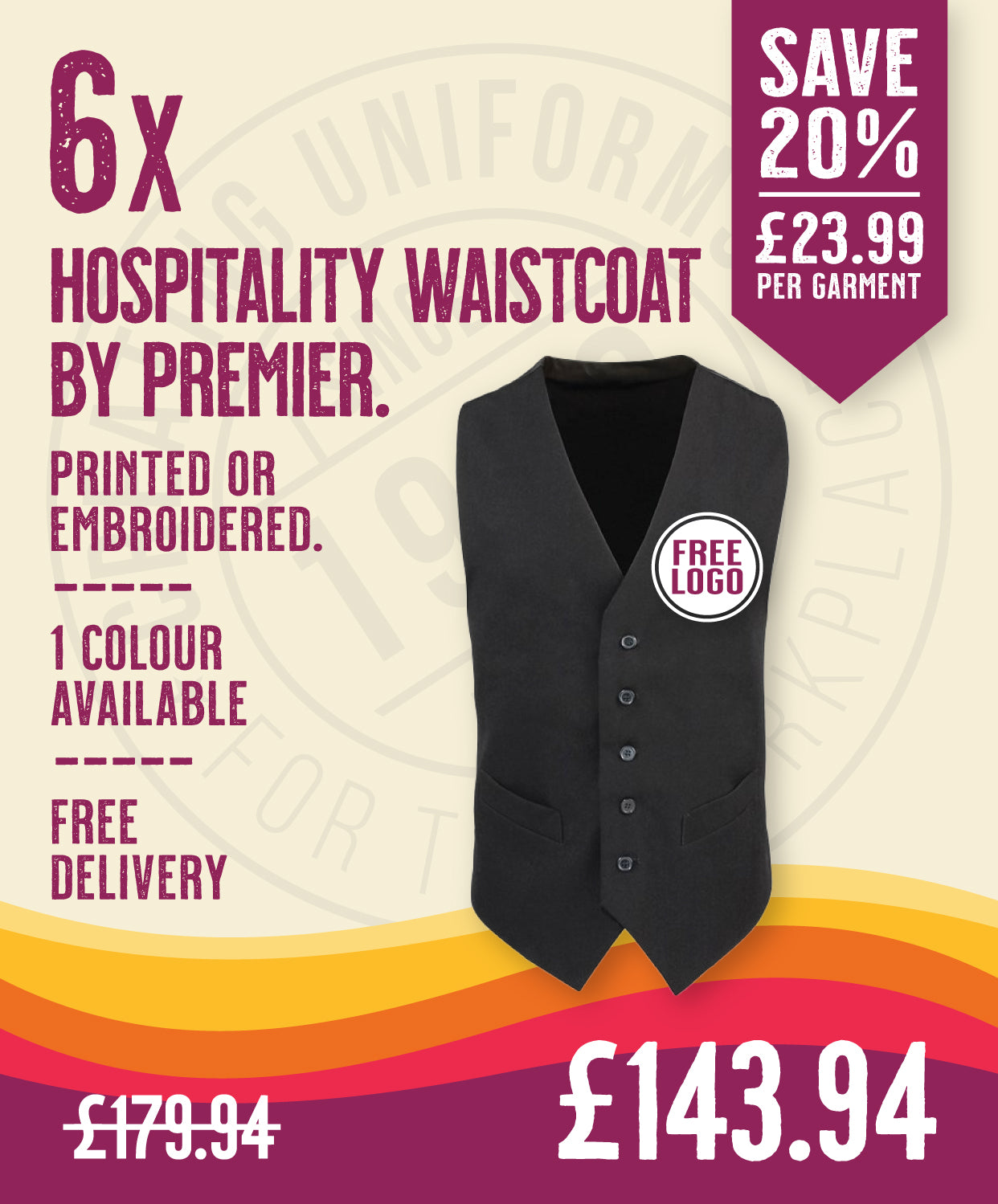 6 x Hospitality Waistcoat by Premier in Black by Print Lab Deals — Custom branded clothing by Print Press, featuring premium embroidery produced in our specialist print lab in the UK.