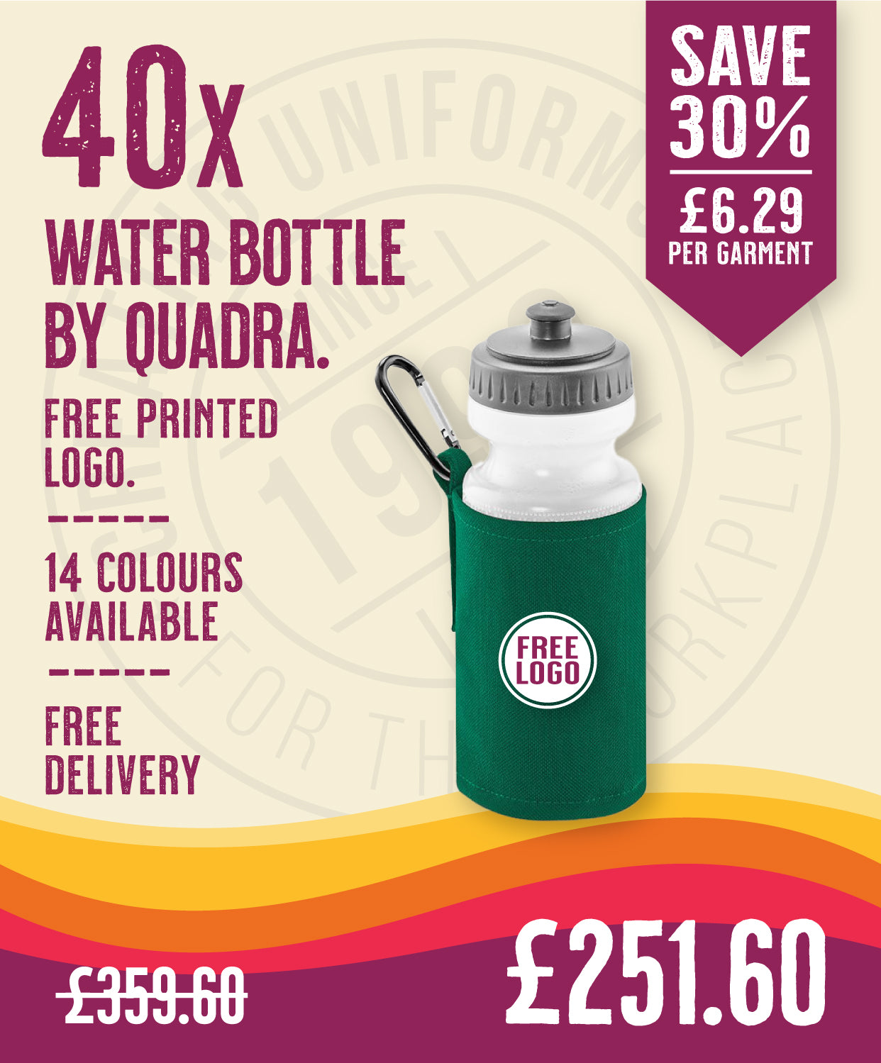 40 x Water Bottles & Holders by Quadra in Bottle Green by Print Lab Deals — Custom branded clothing by Print Press, featuring premium embroidery produced in our specialist print lab in the UK.