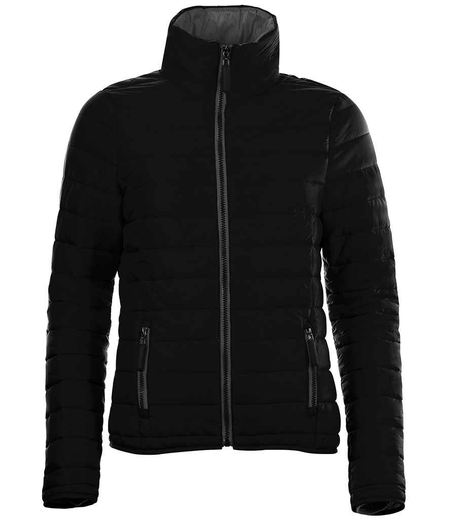 SOLS Ladies Ride Padded Jacket in Black by SOL'S — Custom branded clothing by Print Press, featuring premium embroidery produced in our specialist print lab in the UK.
