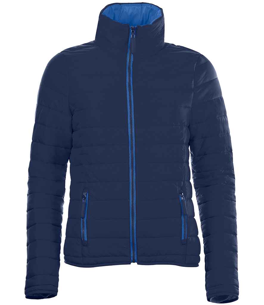 SOLS Ladies Ride Padded Jacket in Navy by SOL'S — Custom branded clothing by Print Press, featuring premium embroidery produced in our specialist print lab in the UK.