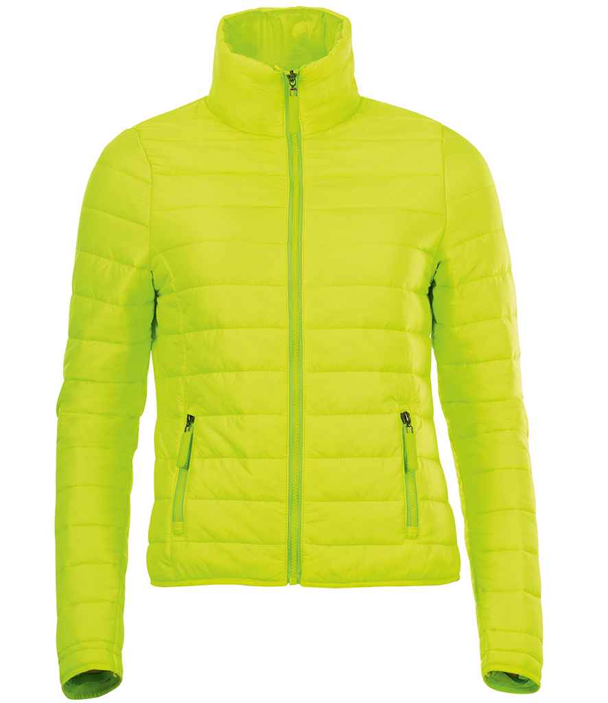SOLS Ladies Ride Padded Jacket in Neon Lime by SOL'S — Custom branded clothing by Print Press, featuring premium embroidery produced in our specialist print lab in the UK.