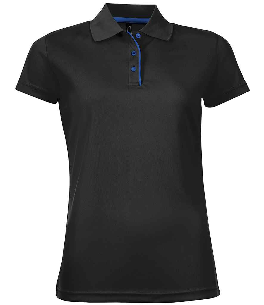 SOLS Ladies Performer Piqué Polo Shirt in Black by SOL'S — Custom branded clothing by Print Press, featuring premium embroidery produced in our specialist print lab in the UK.