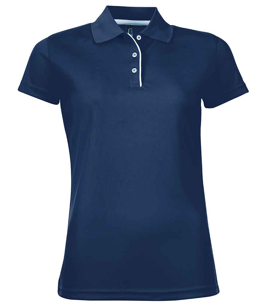 SOLS Ladies Performer Piqué Polo Shirt in French Navy by SOL'S — Custom branded clothing by Print Press, featuring premium embroidery produced in our specialist print lab in the UK.