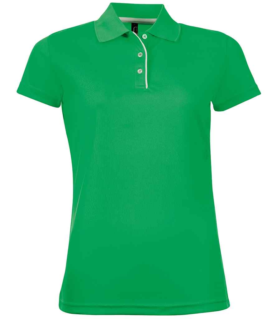 SOLS Ladies Performer Piqué Polo Shirt in Kelly Green by SOL'S — Custom branded clothing by Print Press, featuring premium embroidery produced in our specialist print lab in the UK.