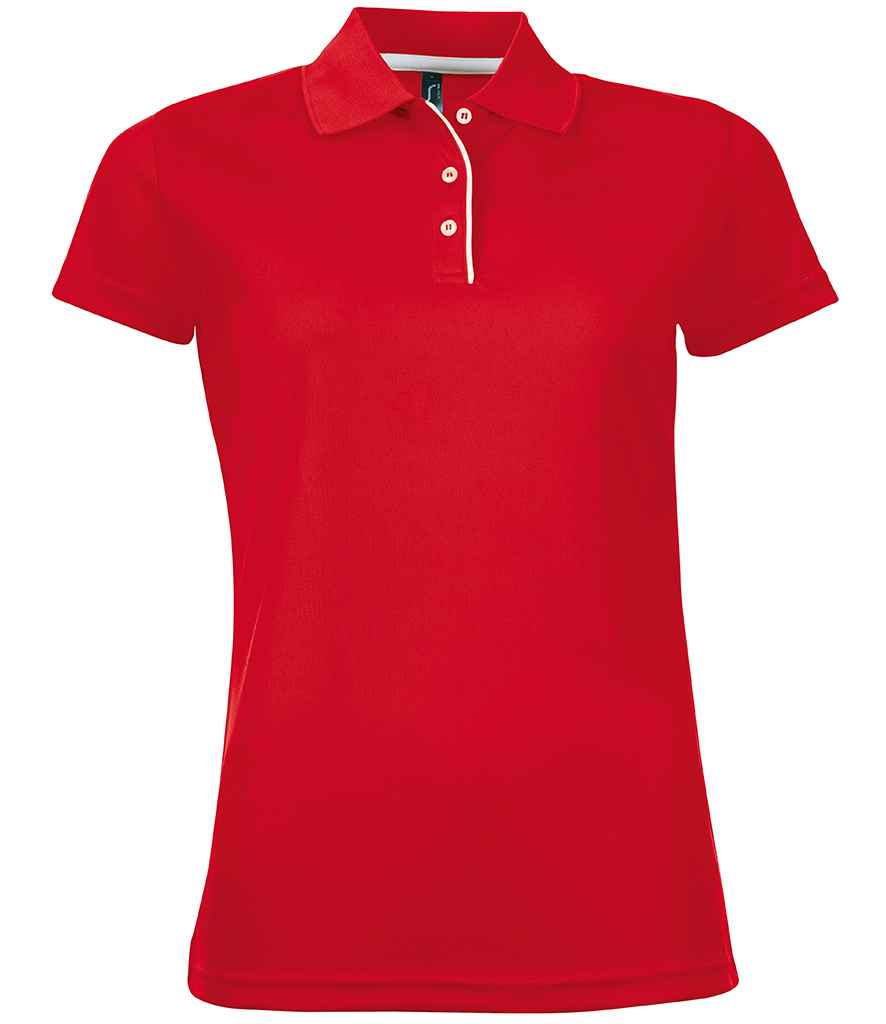SOLS Ladies Performer Piqué Polo Shirt in Red by SOL'S — Custom branded clothing by Print Press, featuring premium embroidery produced in our specialist print lab in the UK.