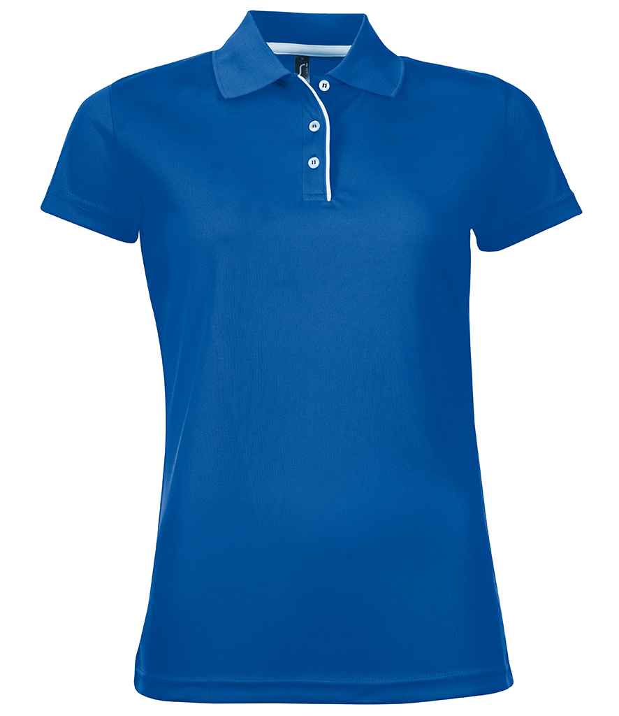 SOLS Ladies Performer Piqué Polo Shirt in Royal Blue by SOL'S — Custom branded clothing by Print Press, featuring premium embroidery produced in our specialist print lab in the UK.