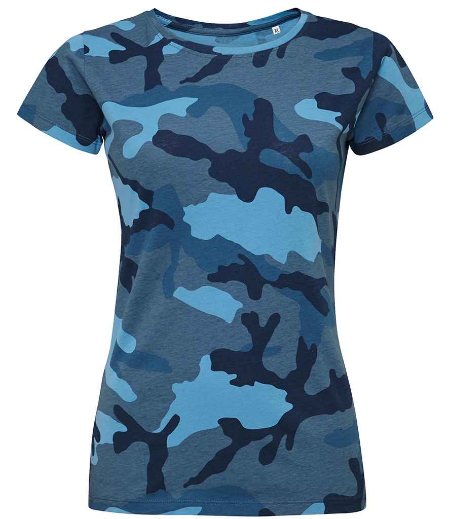 SOLS Ladies Camo T-Shirt in Blue Camo by SOL'S — Custom branded clothing by Print Press, featuring premium embroidery produced in our specialist print lab in the UK.