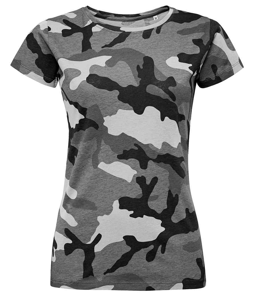 SOLS Ladies Camo T-Shirt in Grey Camo by SOL'S — Custom branded clothing by Print Press, featuring premium embroidery produced in our specialist print lab in the UK.