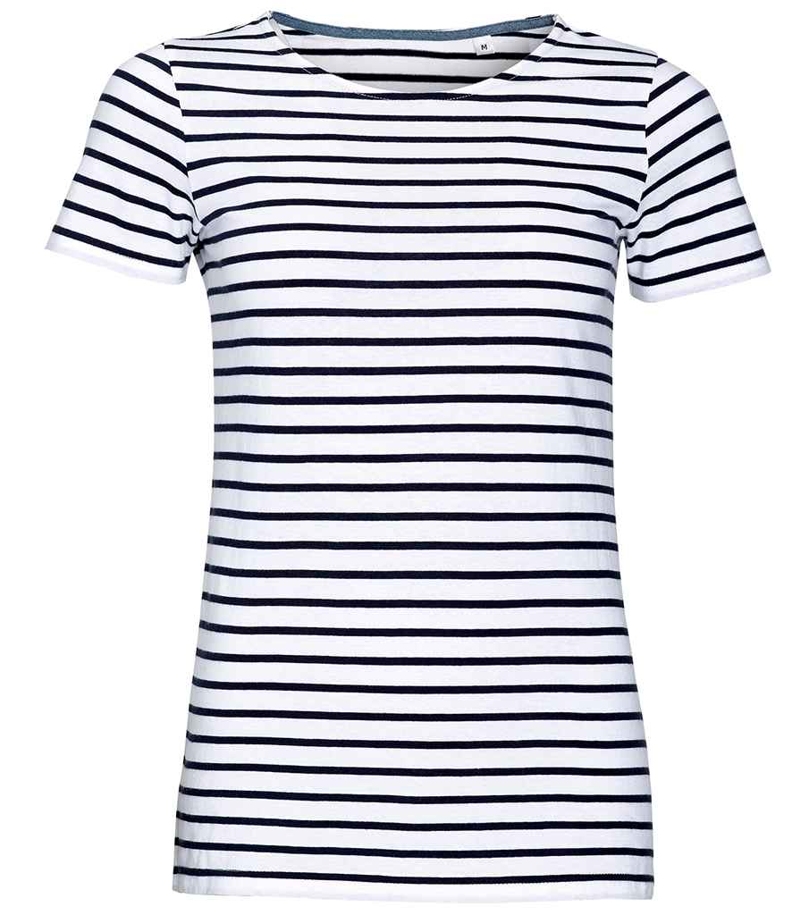 SOLS Ladies Miles Striped T-Shirt in White Navy by SOL'S — Custom branded clothing by Print Press, featuring premium embroidery produced in our specialist print lab in the UK.