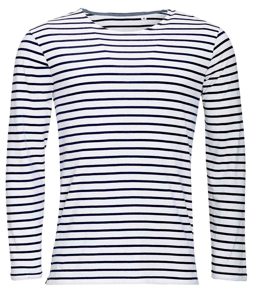 SOLS Marine Long Sleeve Striped T-Shirt in White Navy by SOL'S — Custom branded clothing by Print Press, featuring premium embroidery produced in our specialist print lab in the UK.