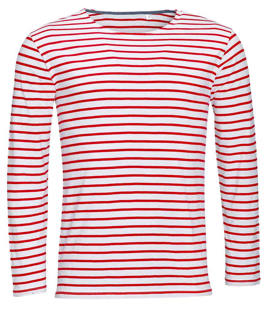 SOLS Marine Long Sleeve Striped T-Shirt in White Red by SOL'S — Custom branded clothing by Print Press, featuring premium embroidery produced in our specialist print lab in the UK.