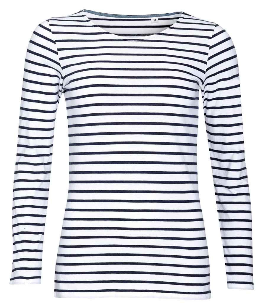 SOL'S Ladies Marine Long Sleeve Striped T-Shirt in White Navy by SOL'S — Custom branded clothing by Print Press, featuring premium embroidery produced in our specialist print lab in the UK.