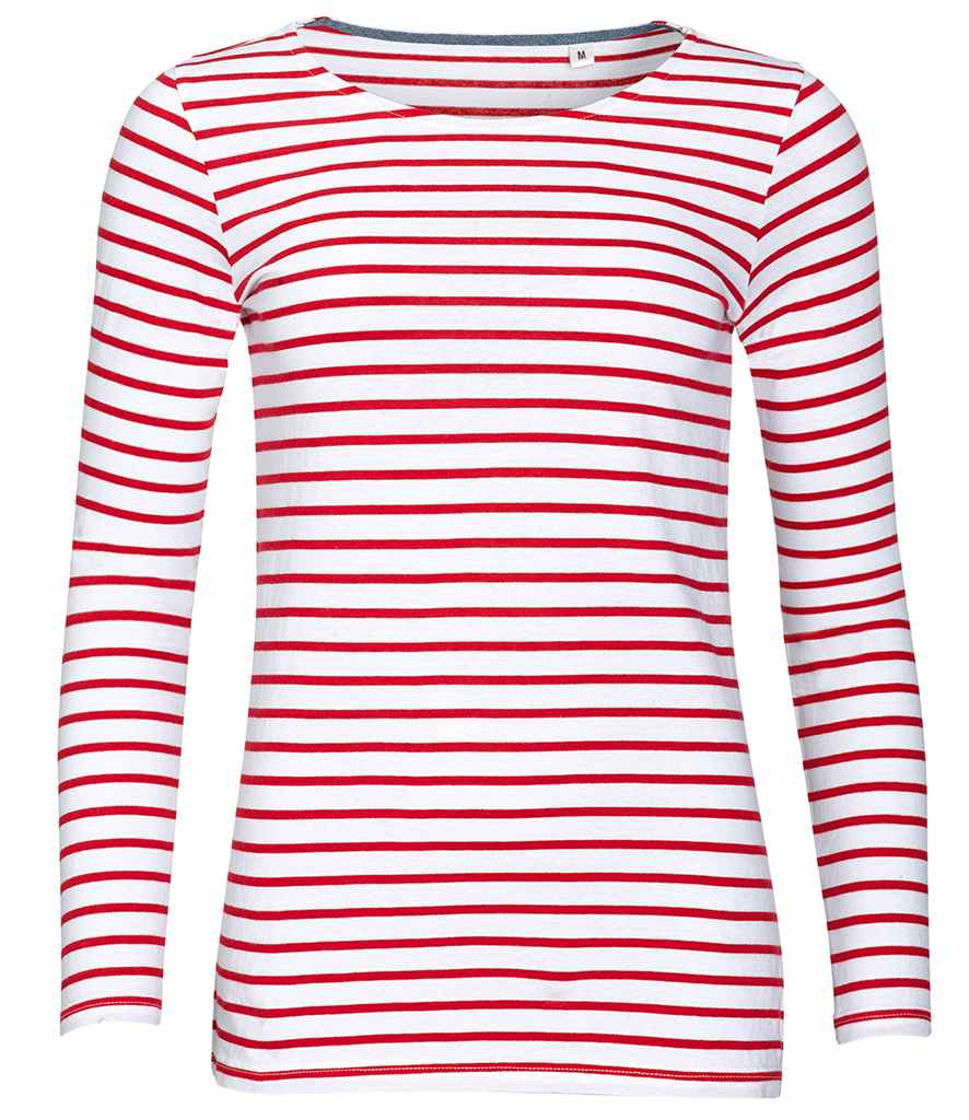 SOL'S Ladies Marine Long Sleeve Striped T-Shirt in White Red by SOL'S — Custom branded clothing by Print Press, featuring premium embroidery produced in our specialist print lab in the UK.