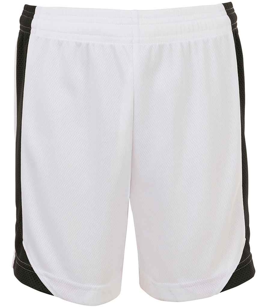 SOL'S Kids Olimpico Shorts in White Black by SOL'S — Custom branded clothing by Print Press, featuring premium embroidery produced in our specialist print lab in the UK.