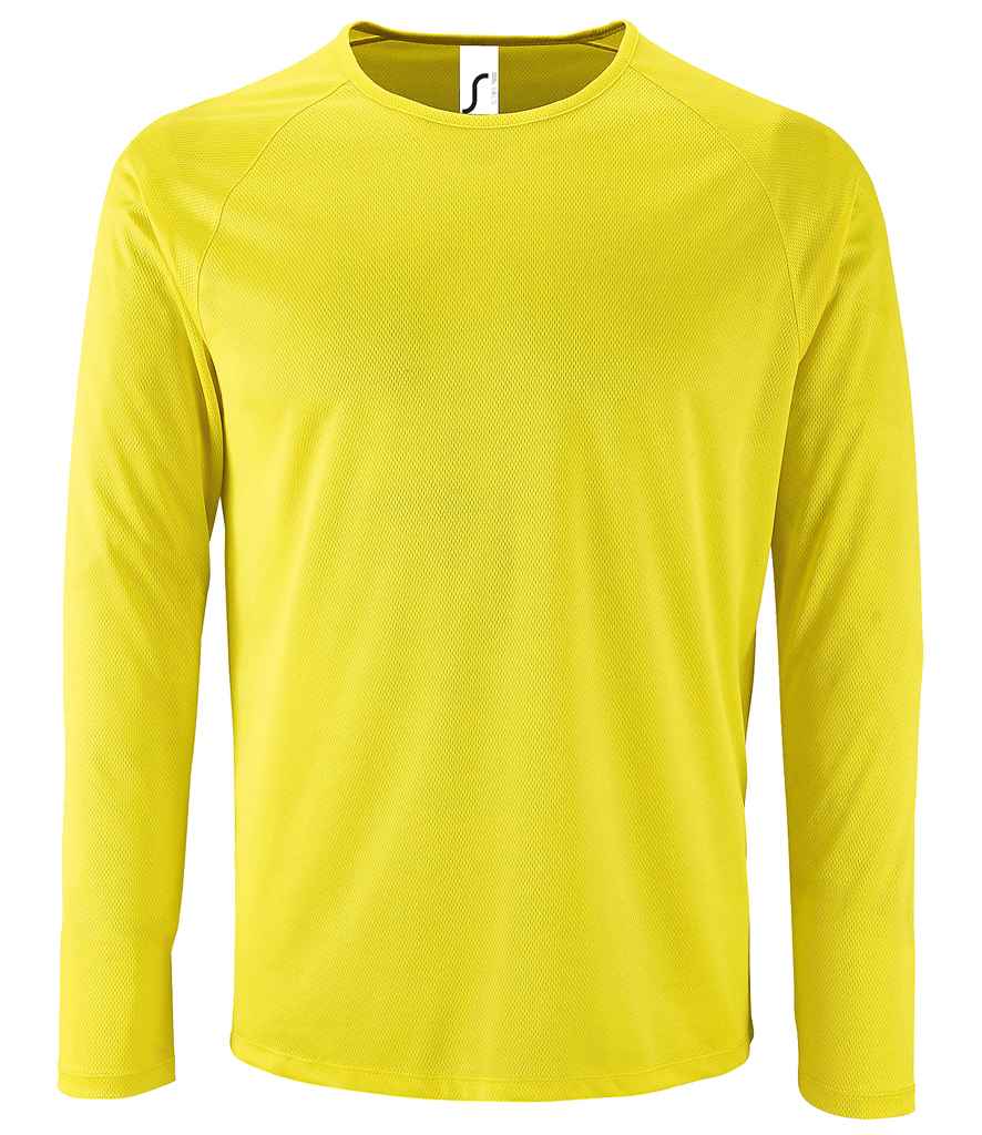 SOL'S Sporty Long Sleeve Performance T-Shirt in Neon Yellow by SOL'S — Custom branded clothing by Print Press, featuring premium embroidery produced in our specialist print lab in the UK.