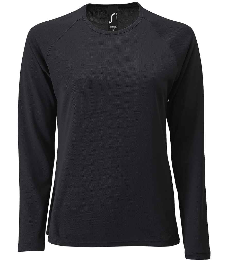 SOL'S Ladies Sporty Long Sleeve Performance T-Shirt in Black by SOL'S — Custom branded clothing by Print Press, featuring premium embroidery produced in our specialist print lab in the UK.