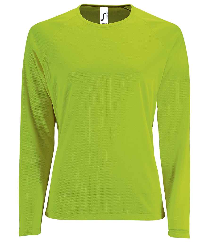 SOL'S Ladies Sporty Long Sleeve Performance T-Shirt in Neon Green by SOL'S — Custom branded clothing by Print Press, featuring premium embroidery produced in our specialist print lab in the UK.