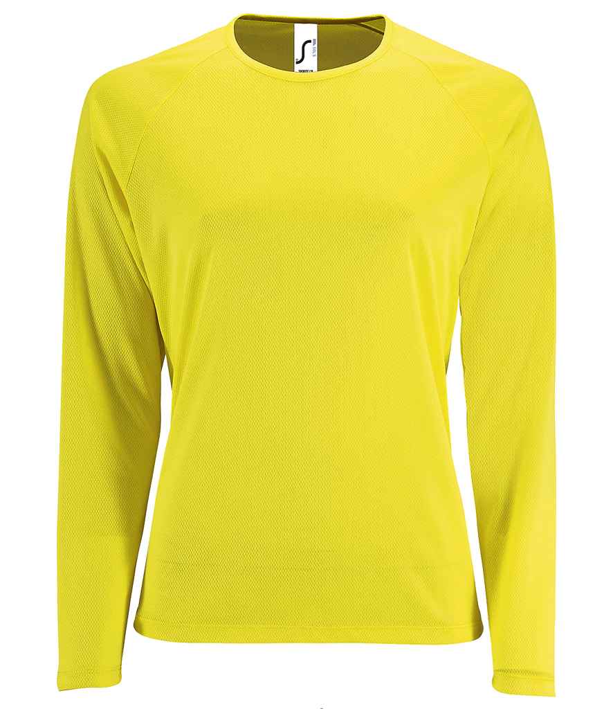 SOL'S Ladies Sporty Long Sleeve Performance T-Shirt in Neon Yellow by SOL'S — Custom branded clothing by Print Press, featuring premium embroidery produced in our specialist print lab in the UK.