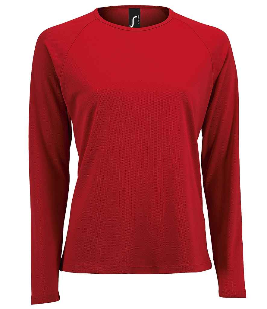 SOL'S Ladies Sporty Long Sleeve Performance T-Shirt in Red by SOL'S — Custom branded clothing by Print Press, featuring premium embroidery produced in our specialist print lab in the UK.