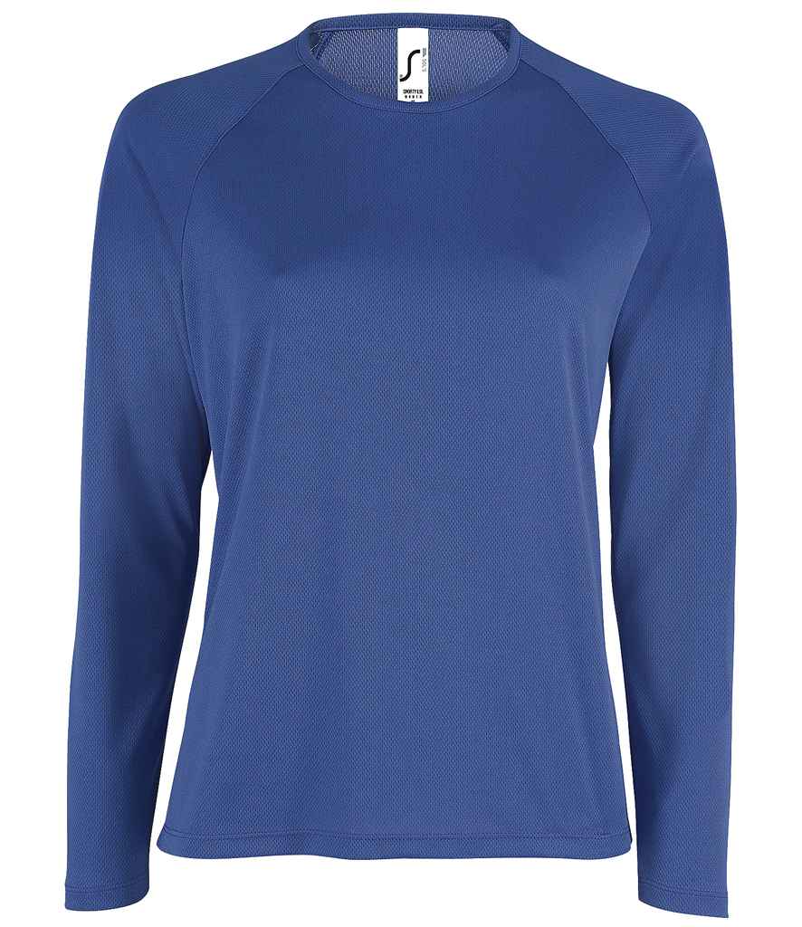 SOL'S Ladies Sporty Long Sleeve Performance T-Shirt in Royal Blue by SOL'S — Custom branded clothing by Print Press, featuring premium embroidery produced in our specialist print lab in the UK.