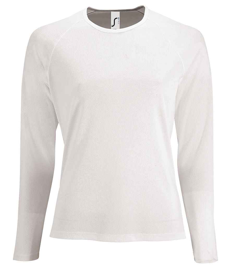 SOL'S Ladies Sporty Long Sleeve Performance T-Shirt in White by SOL'S — Custom branded clothing by Print Press, featuring premium embroidery produced in our specialist print lab in the UK.