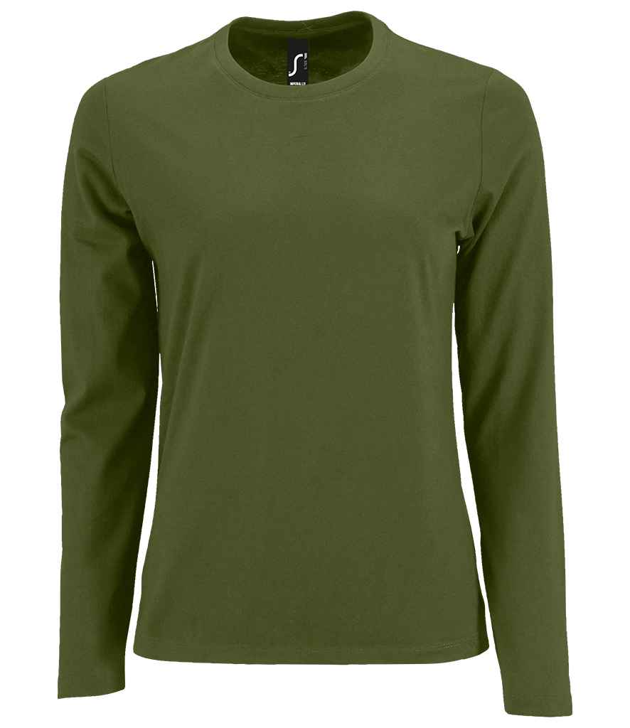 SOL'S Ladies Imperial Long Sleeve T-Shirt in Dark Khaki by SOL'S — Custom branded clothing by Print Press, featuring premium embroidery produced in our specialist print lab in the UK.