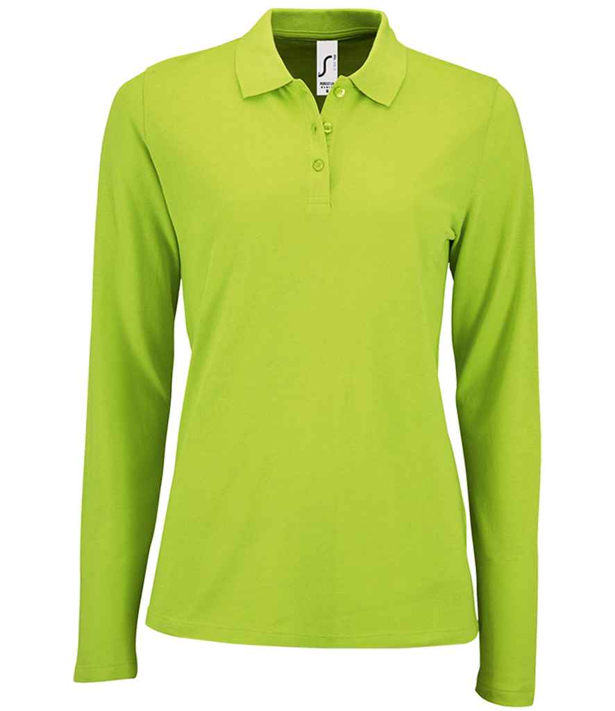 SOL'S Ladies Perfect Long Sleeve Piqué Polo Shirt in Apple Green by SOL'S — Custom branded clothing by Print Press, featuring premium embroidery produced in our specialist print lab in the UK.