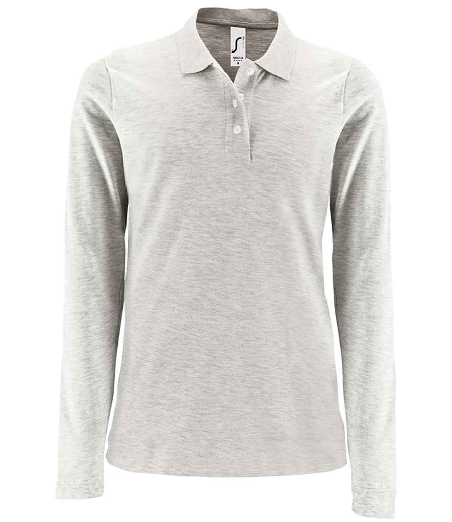 SOL'S Ladies Perfect Long Sleeve Piqué Polo Shirt in Ash by SOL'S — Custom branded clothing by Print Press, featuring premium embroidery produced in our specialist print lab in the UK.