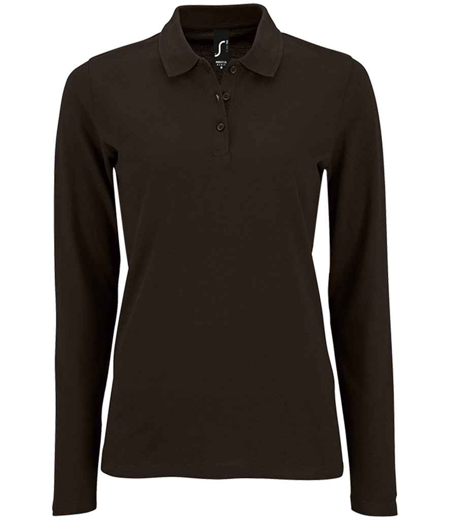 SOL'S Ladies Perfect Long Sleeve Piqué Polo Shirt in Black by SOL'S — Custom branded clothing by Print Press, featuring premium embroidery produced in our specialist print lab in the UK.