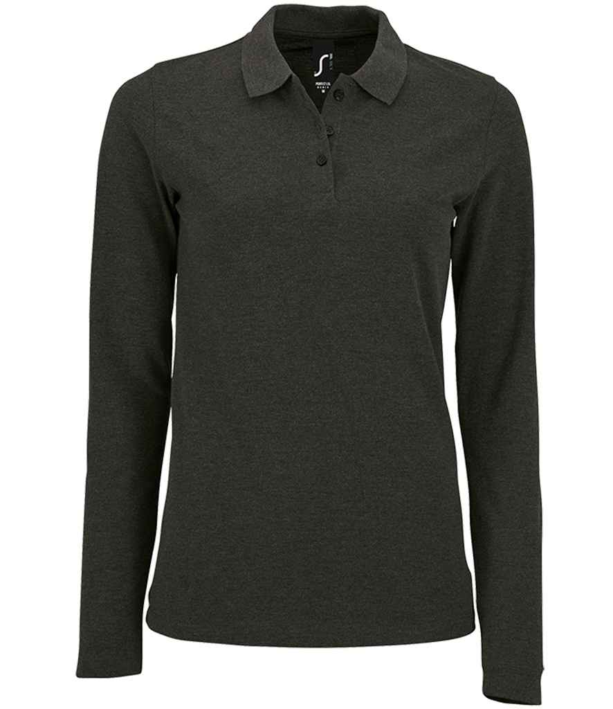 SOL'S Ladies Perfect Long Sleeve Piqué Polo Shirt in Charcoal Marl by SOL'S — Custom branded clothing by Print Press, featuring premium embroidery produced in our specialist print lab in the UK.