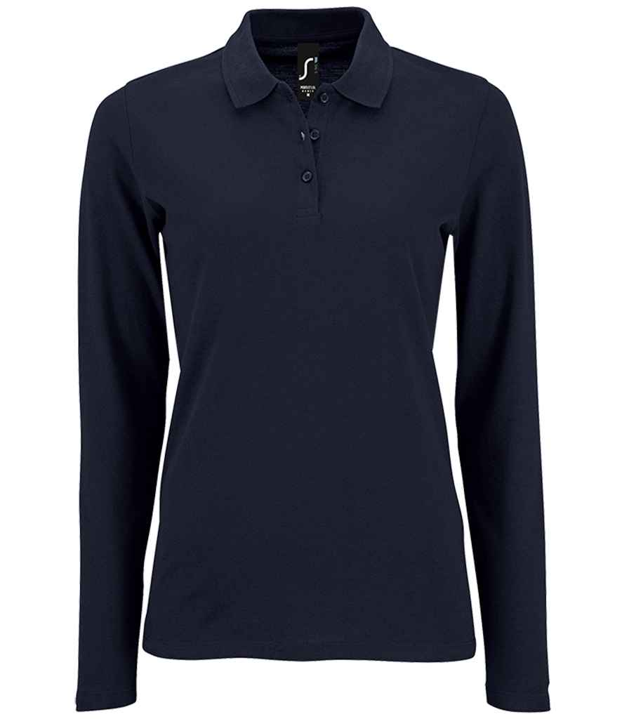 SOL'S Ladies Perfect Long Sleeve Piqué Polo Shirt in French Navy by SOL'S — Custom branded clothing by Print Press, featuring premium embroidery produced in our specialist print lab in the UK.