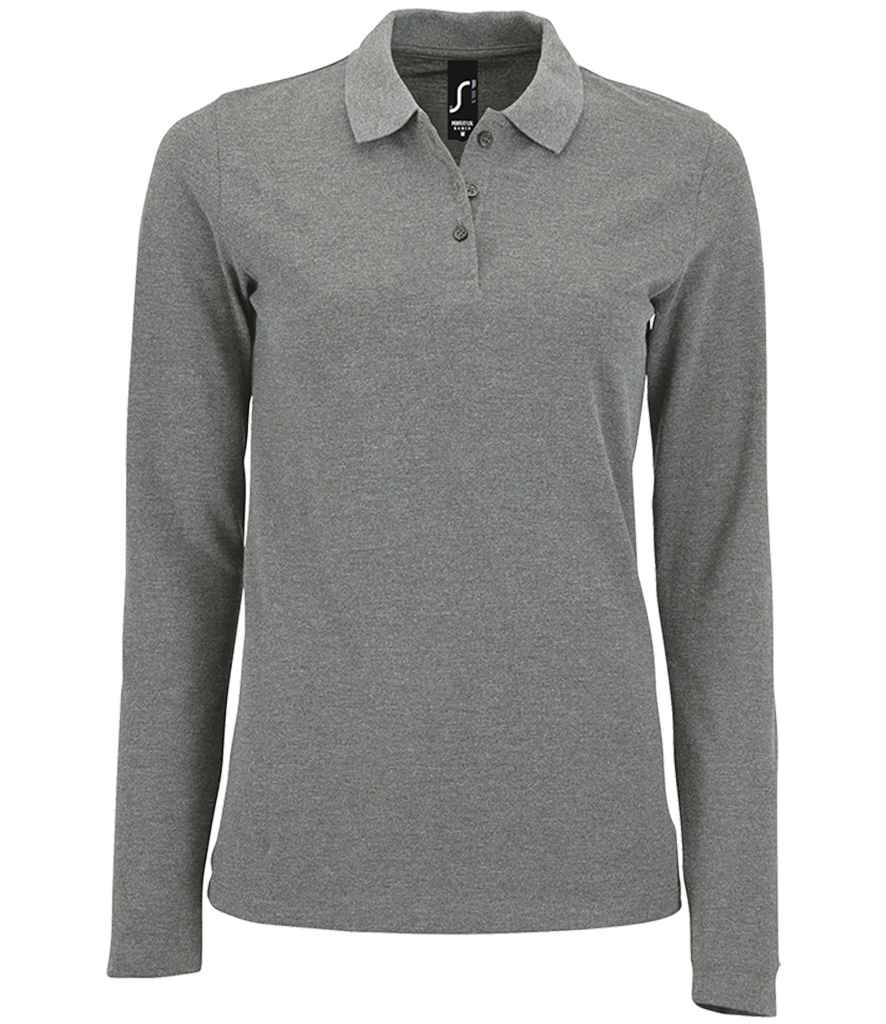 SOL'S Ladies Perfect Long Sleeve Piqué Polo Shirt in Grey Marl by SOL'S — Custom branded clothing by Print Press, featuring premium embroidery produced in our specialist print lab in the UK.