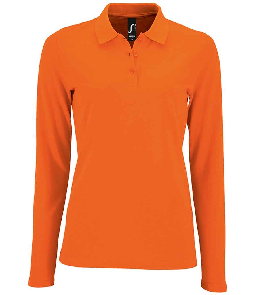 SOL'S Ladies Perfect Long Sleeve Piqué Polo Shirt in Orange by SOL'S — Custom branded clothing by Print Press, featuring premium embroidery produced in our specialist print lab in the UK.