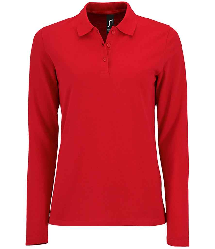 SOL'S Ladies Perfect Long Sleeve Piqué Polo Shirt in Red by SOL'S — Custom branded clothing by Print Press, featuring premium embroidery produced in our specialist print lab in the UK.