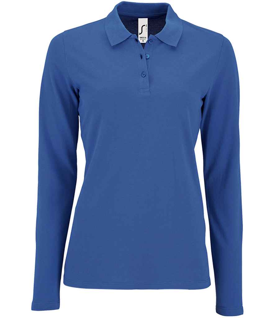 SOL'S Ladies Perfect Long Sleeve Piqué Polo Shirt in Royal Blue by SOL'S — Custom branded clothing by Print Press, featuring premium embroidery produced in our specialist print lab in the UK.