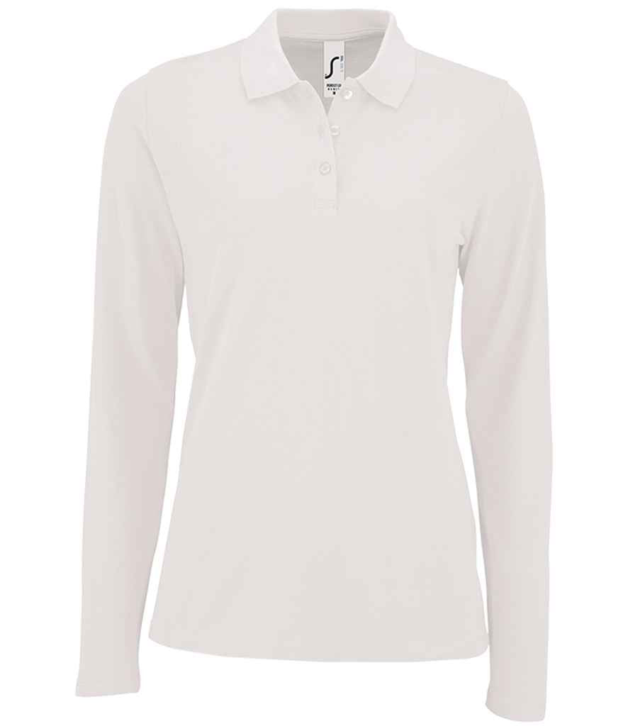 SOL'S Ladies Perfect Long Sleeve Piqué Polo Shirt in White by SOL'S — Custom branded clothing by Print Press, featuring premium embroidery produced in our specialist print lab in the UK.