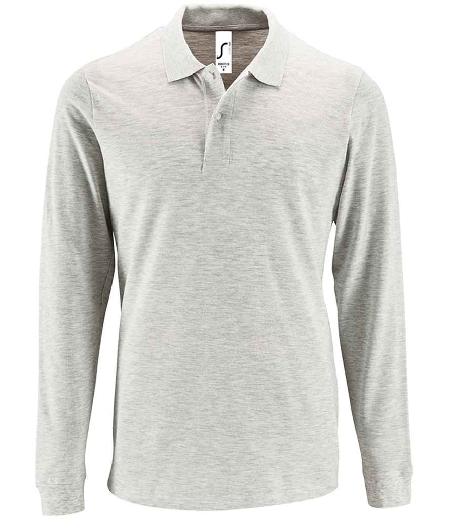 SOL'S Perfect Long Sleeve Piqué Polo Shirt in Ash by SOL'S — Custom branded clothing by Print Press, featuring premium embroidery produced in our specialist print lab in the UK.