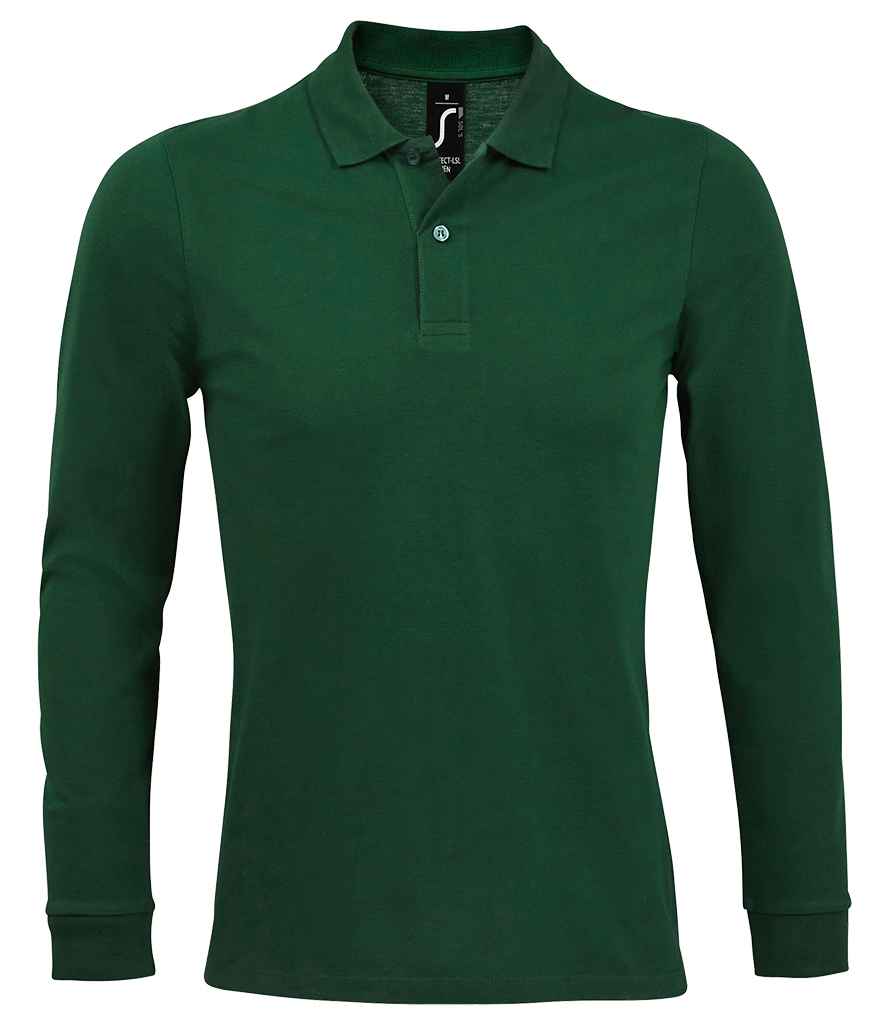 SOL'S Perfect Long Sleeve Piqué Polo Shirt in Bottle Green by SOL'S — Custom branded clothing by Print Press, featuring premium embroidery produced in our specialist print lab in the UK.