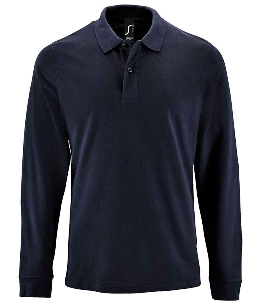 SOL'S Perfect Long Sleeve Piqué Polo Shirt in French Navy by SOL'S — Custom branded clothing by Print Press, featuring premium embroidery produced in our specialist print lab in the UK.