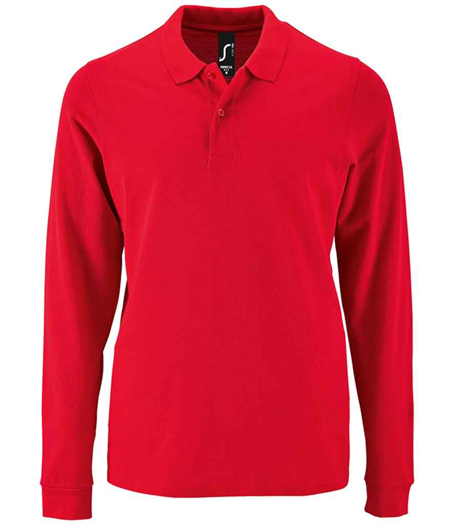 SOL'S Perfect Long Sleeve Piqué Polo Shirt in Red by SOL'S — Custom branded clothing by Print Press, featuring premium embroidery produced in our specialist print lab in the UK.