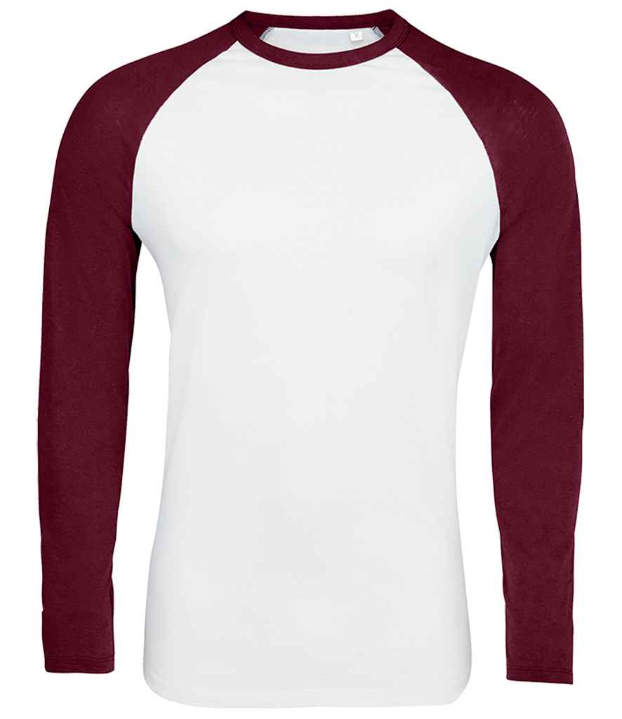 SOL'S Funky Contrast Long Sleeve T-Shirt in White Burgundy by SOL'S — Custom branded clothing by Print Press, featuring premium embroidery produced in our specialist print lab in the UK.
