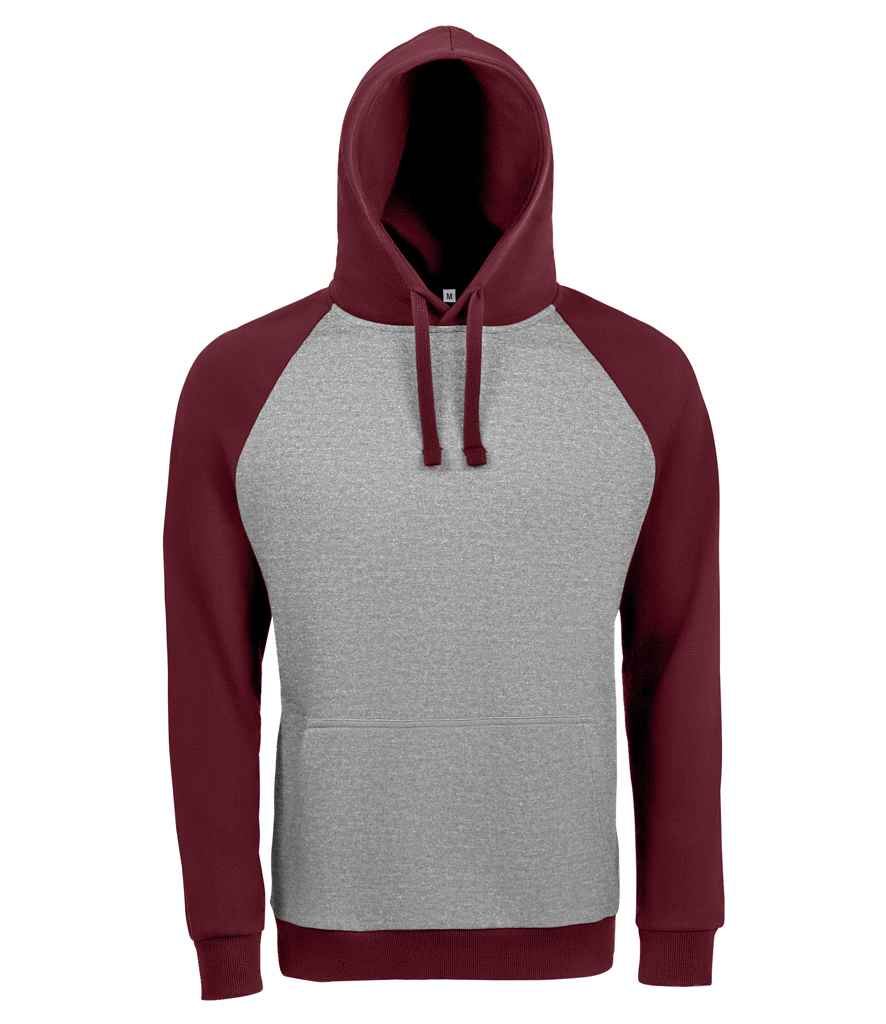 SOL'S Unisex Seattle Contrast Raglan Hoodie in Grey Marl Bordeaux by SOL'S — Custom branded clothing by Print Press, featuring premium embroidery produced in our specialist print lab in the UK.