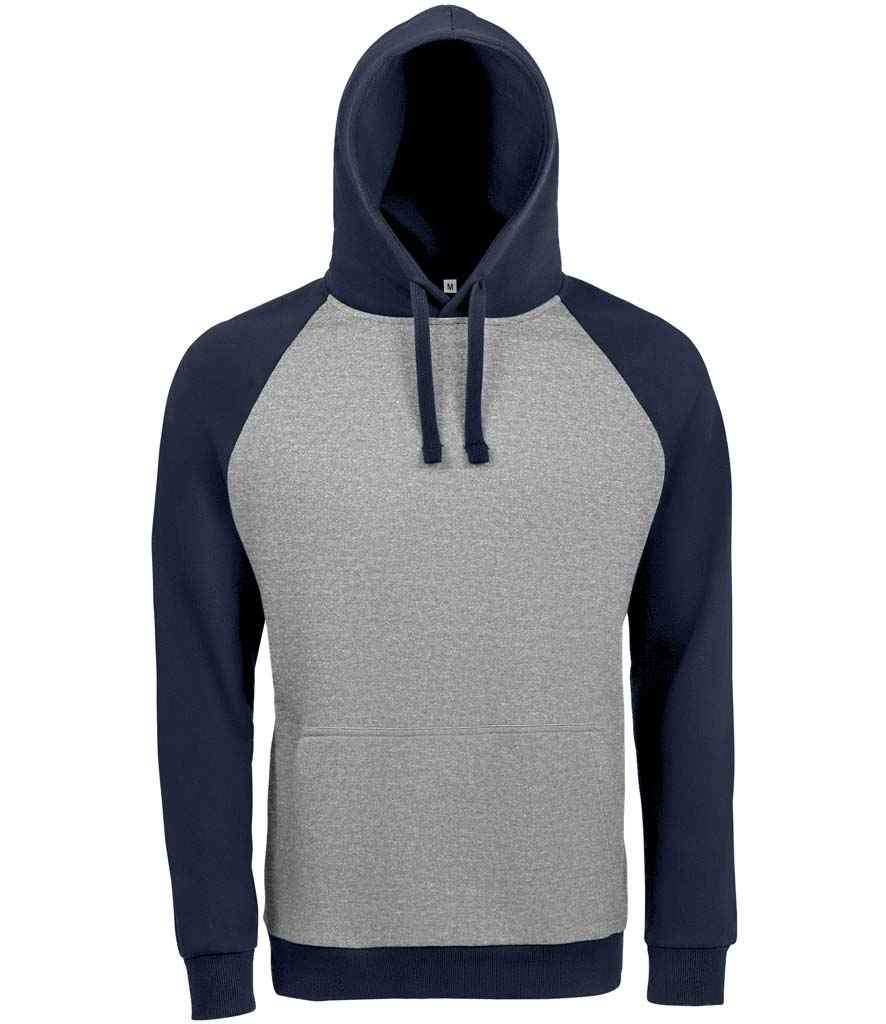 SOL'S Unisex Seattle Contrast Raglan Hoodie in Grey Marl French Navy by SOL'S — Custom branded clothing by Print Press, featuring premium embroidery produced in our specialist print lab in the UK.