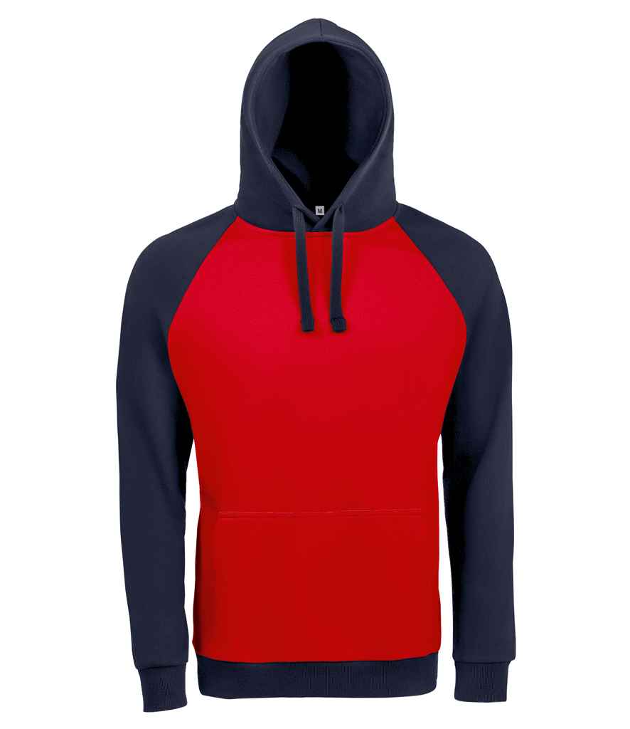 SOL'S Unisex Seattle Contrast Raglan Hoodie in Red French Navy by SOL'S — Custom branded clothing by Print Press, featuring premium embroidery produced in our specialist print lab in the UK.