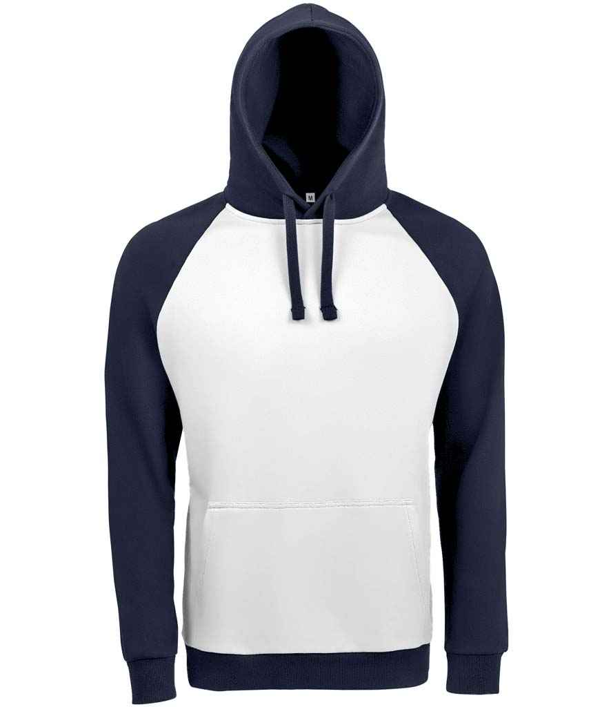 SOL'S Unisex Seattle Contrast Raglan Hoodie in White French Navy by SOL'S — Custom branded clothing by Print Press, featuring premium embroidery produced in our specialist print lab in the UK.