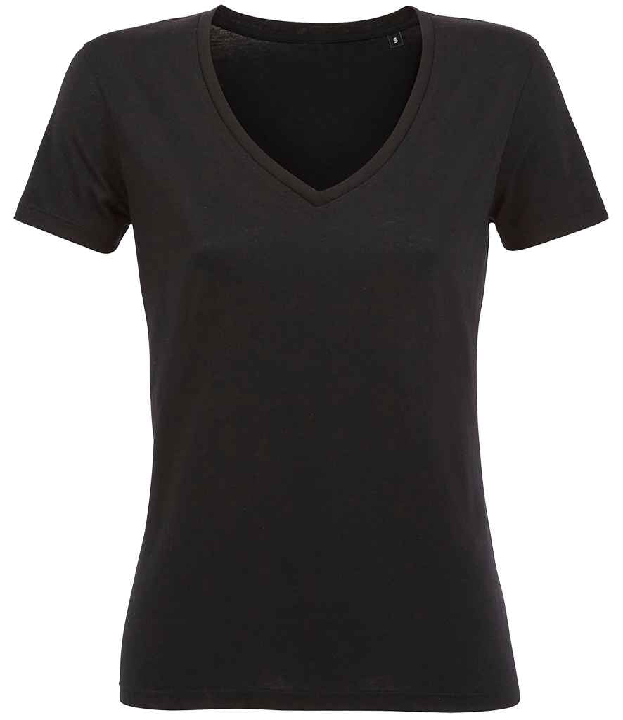 SOL'S Ladies Motion V Neck T-Shirt in Deep Black by SOL'S — Custom branded clothing by Print Press, featuring premium embroidery produced in our specialist print lab in the UK.