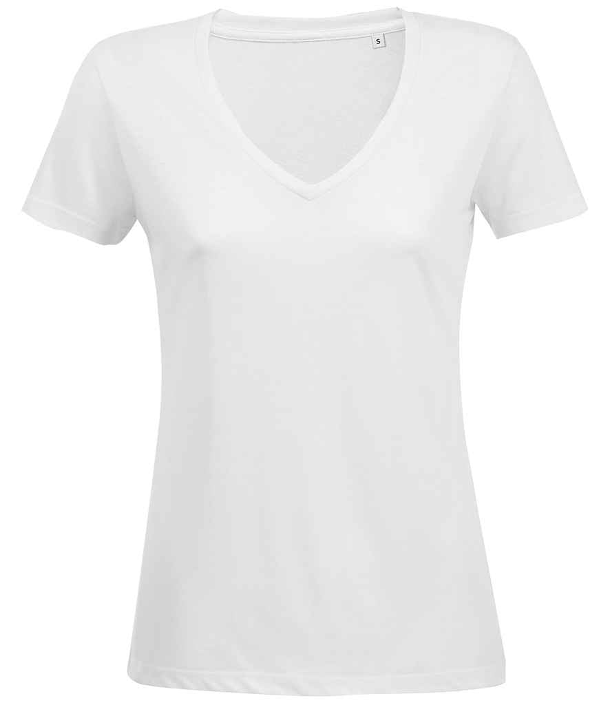 SOL'S Ladies Motion V Neck T-Shirt in White by SOL'S — Custom branded clothing by Print Press, featuring premium embroidery produced in our specialist print lab in the UK.