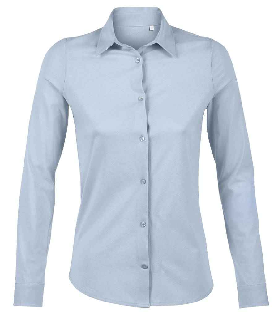 NEOBLU Ladies Balthazar Jersey Long Sleeve Shirt in Soft Blue by NEOBLU — Custom branded clothing by Print Press, featuring premium embroidery produced in our specialist print lab in the UK.